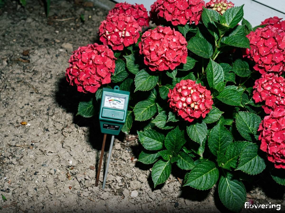 Czerwona odmiana hortensji ogrodowej z karminowym kwiatostanem i testerem pH w ziemi