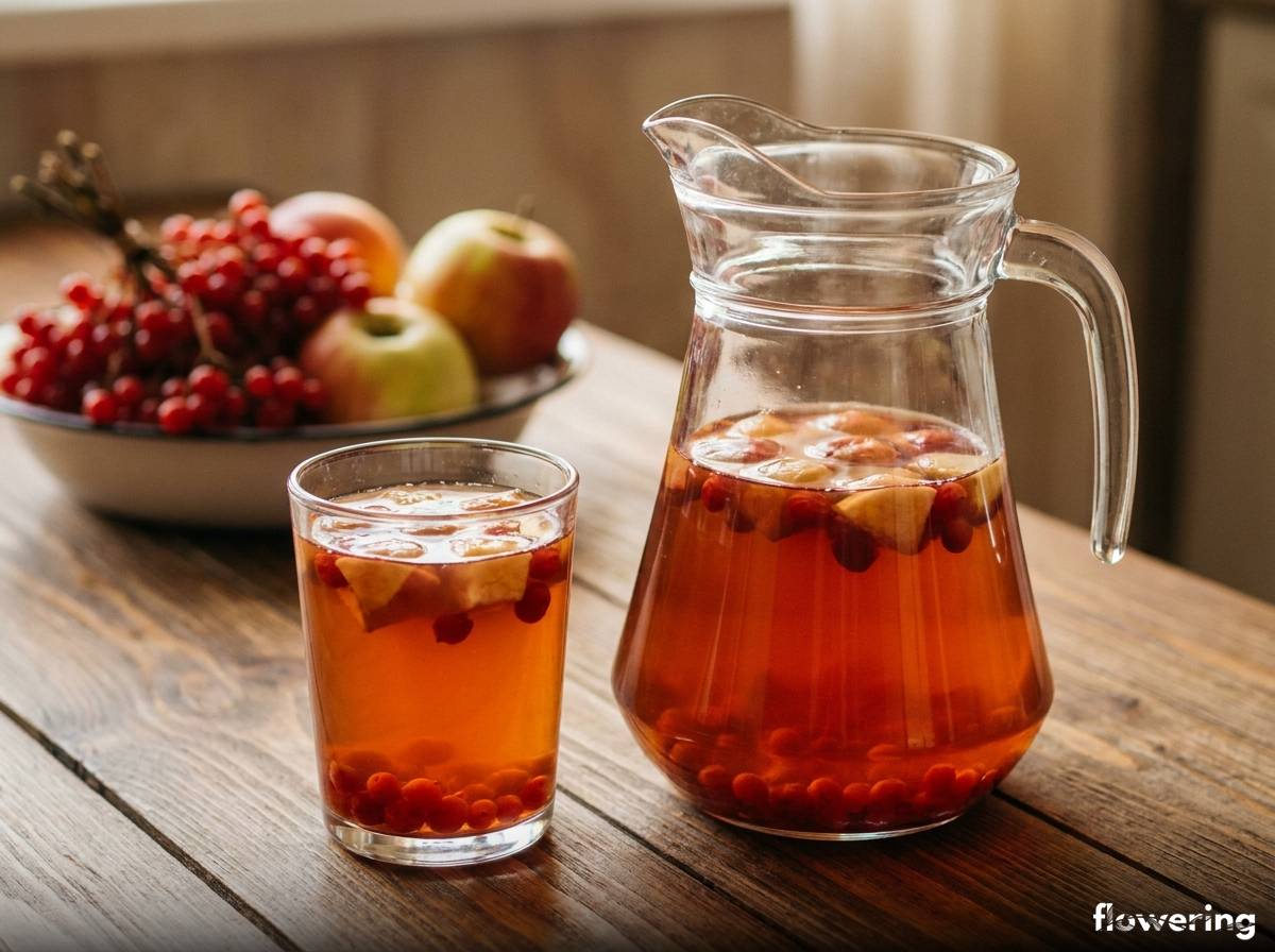 Kompot z owoców kaliny koralowej i jabłek w szklanym dzbanku