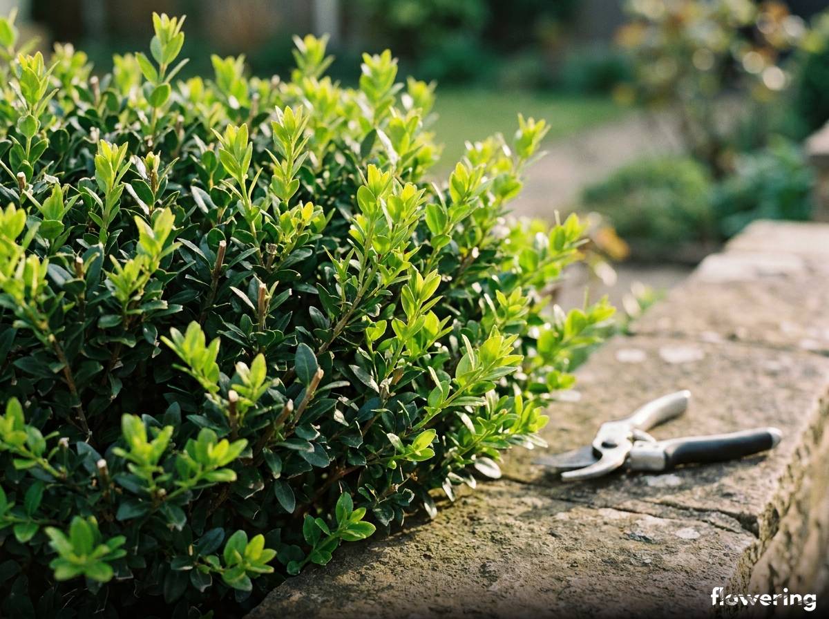 Młode pędy boczne odmiany Green Hedge ostrokrzewu karbowanolistnego po cięciu