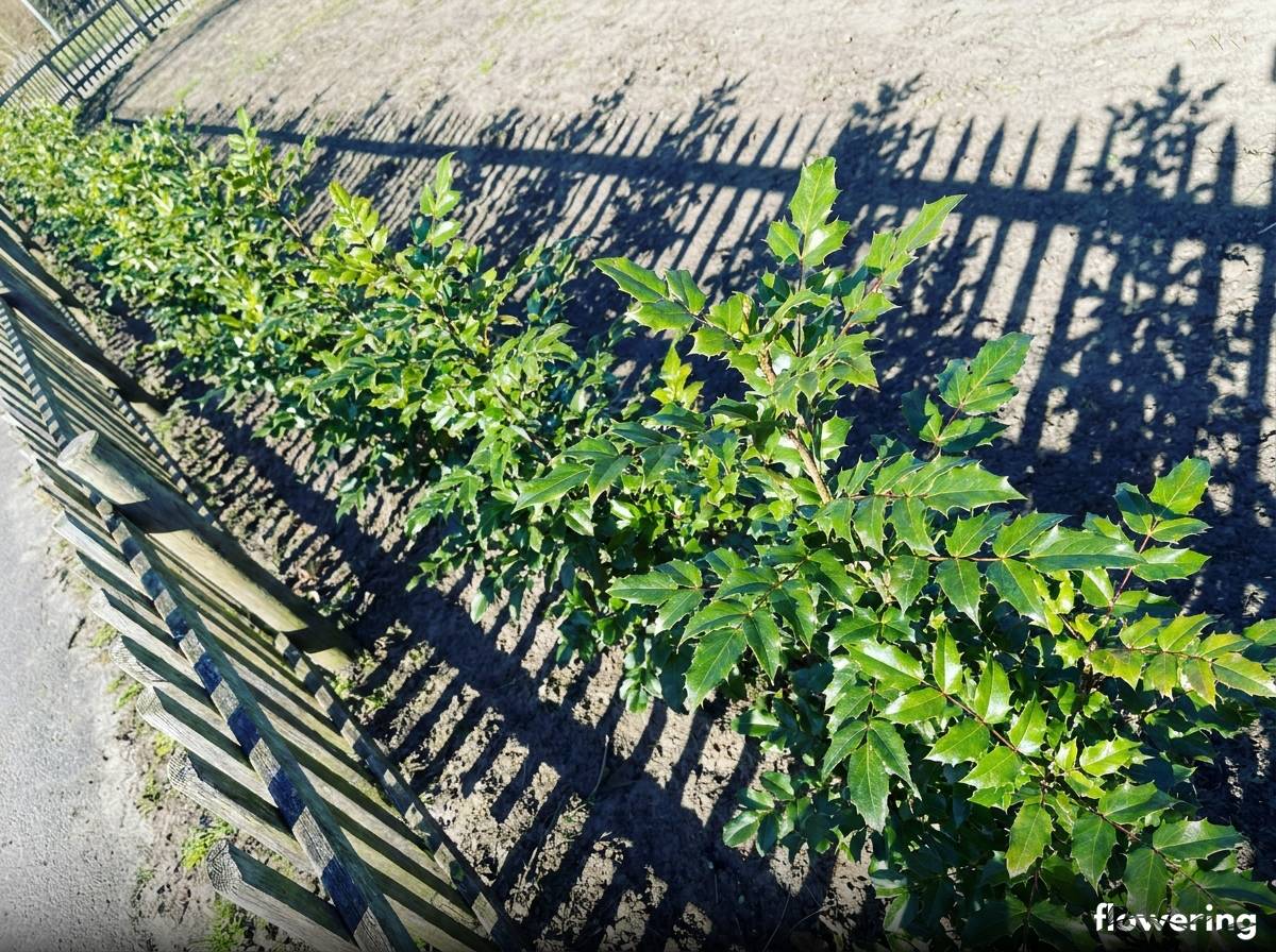 Młody żywopłot z mahonii pospolitej posadzony w rzędzie wzdłuż płotu