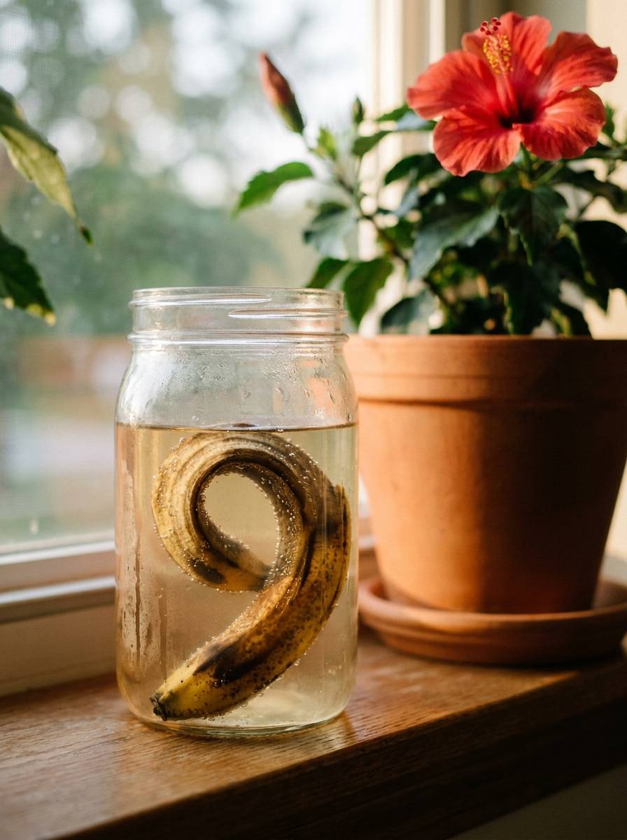 Skórka banana moczona w słoiku wody jako prosty domowy nawóz do hibiskusa