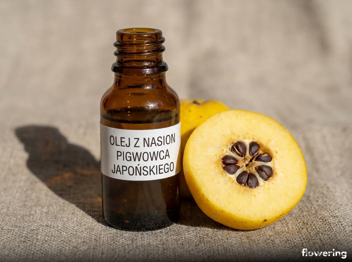 Olej z nasion pigwowca japońskiego w buteleczce obok przekrojonego owocu