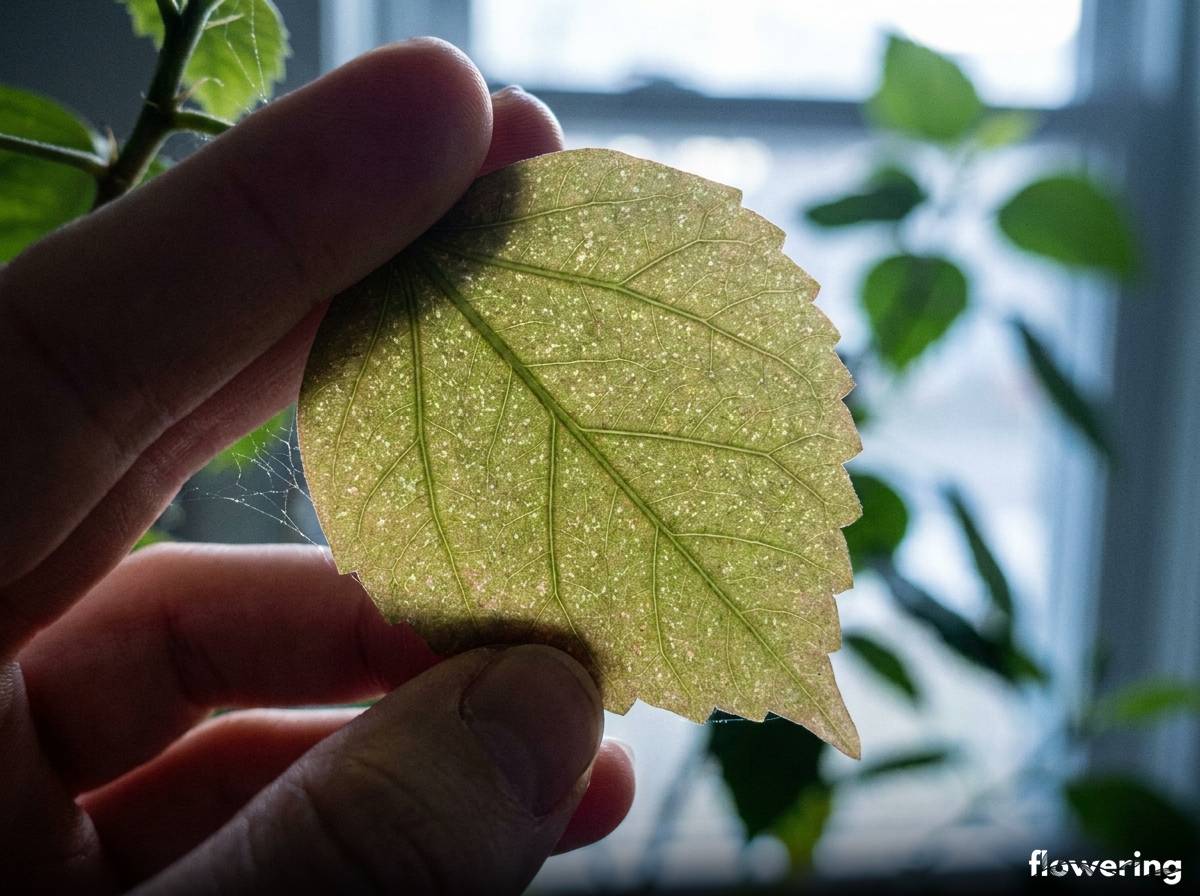 Spodnia strona liścia hibiskusa z oznakami żerowania przędziorka