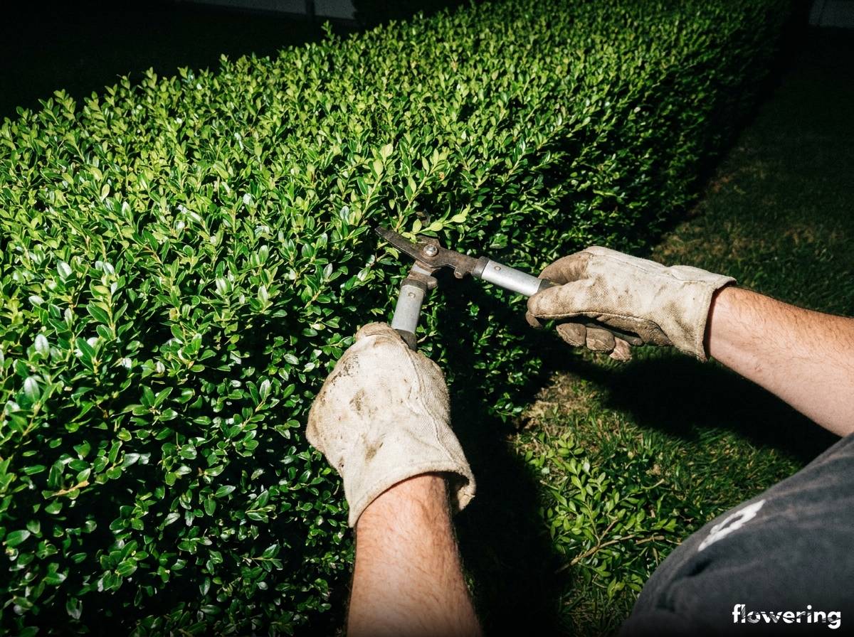 Przycinanie żywopłotu z odmiany Dark Green ostrokrzewu karbowanolistnego