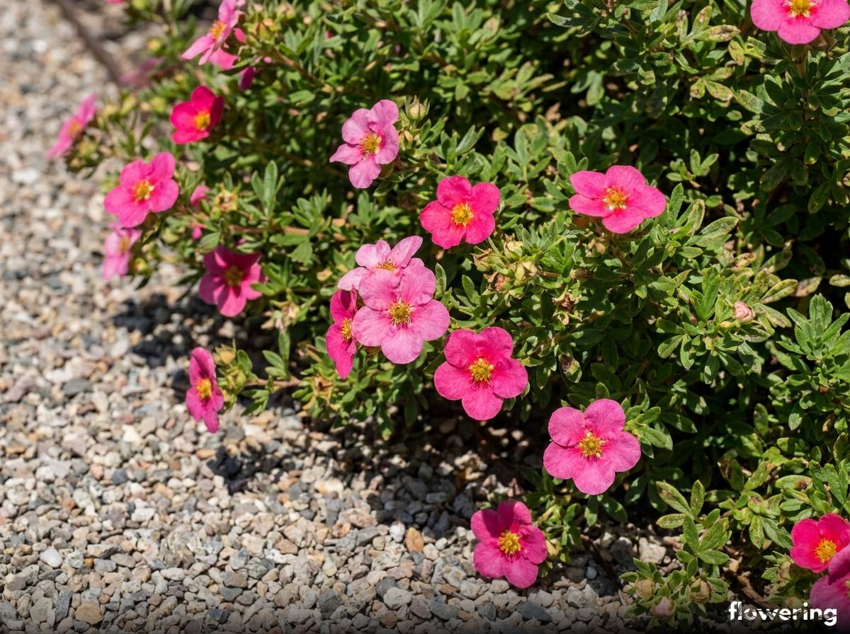 Różowy pięciornik krzewiasty odmiany Pink Beauty w pełnym słońcu