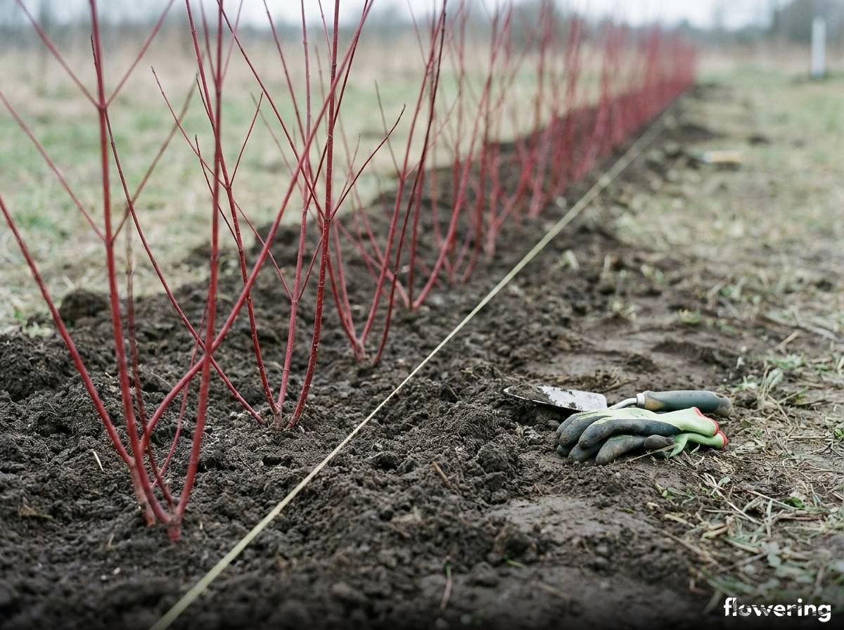 Gęsto posadzone sadzonki derenia białego w rzędzie pod formowany żywopłot