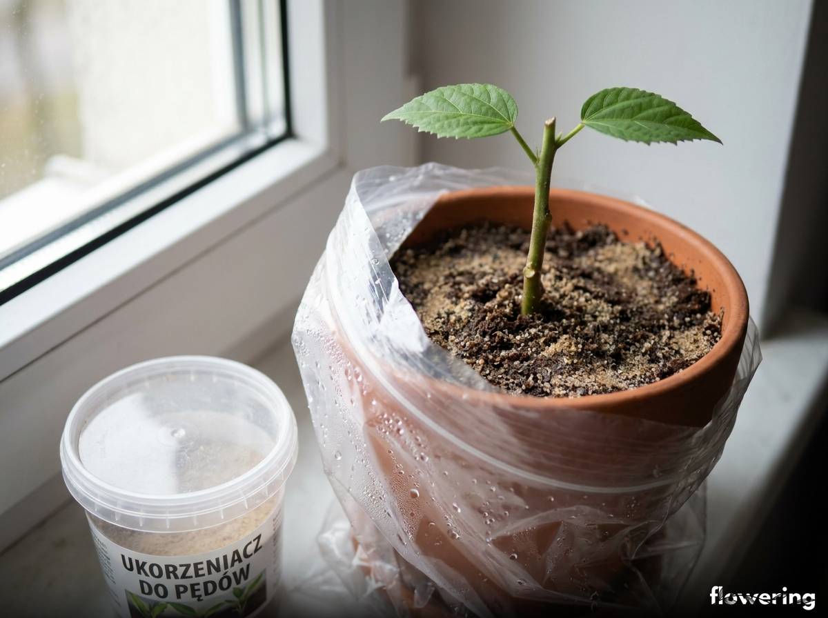Zielona sadzonka pędowa hibiskusa bagiennego ukorzeniająca się pod folią