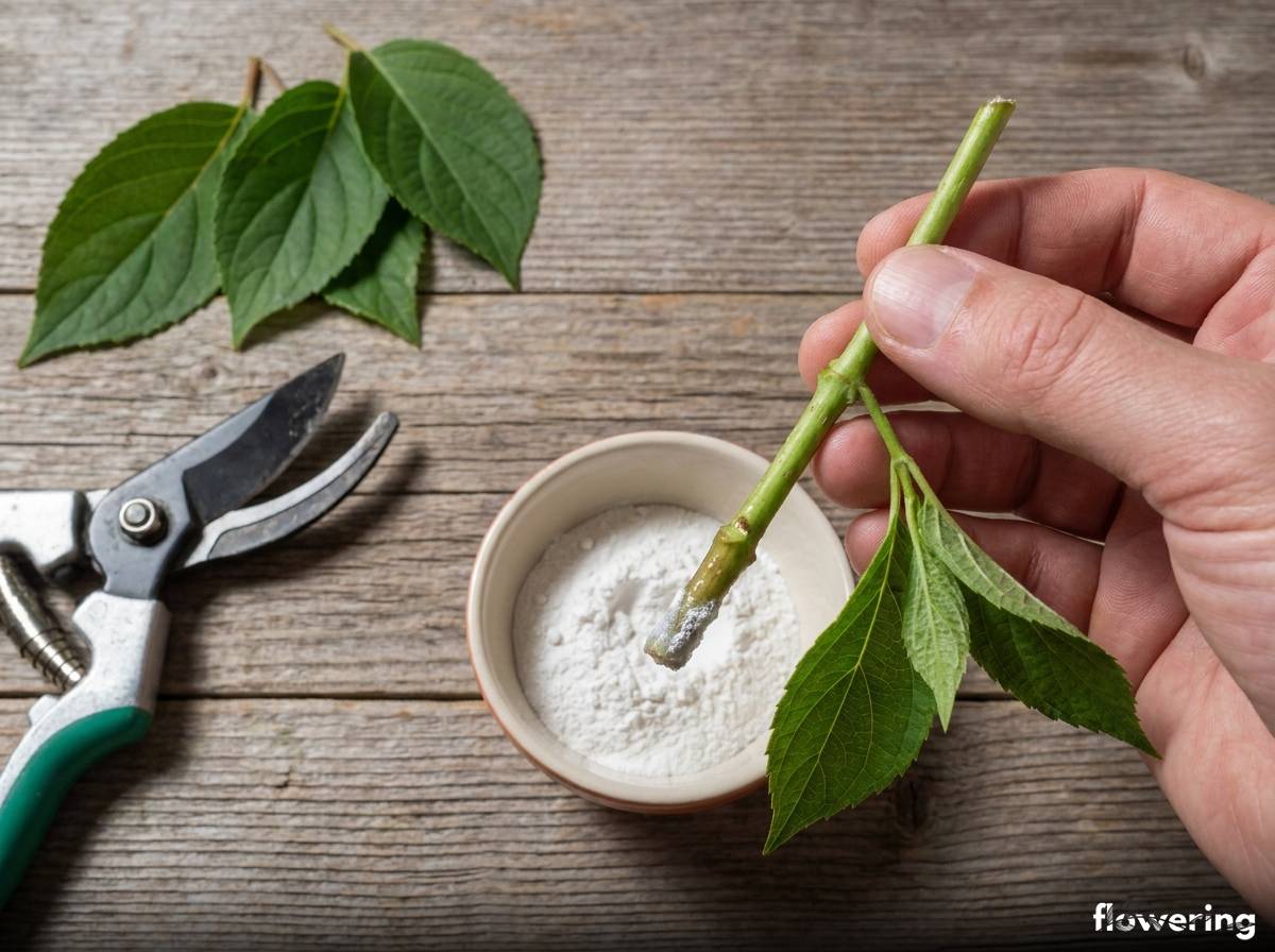 Zielona sadzonka hortensji bukietowej zanurzana w ukorzeniaczu przed sadzeniem