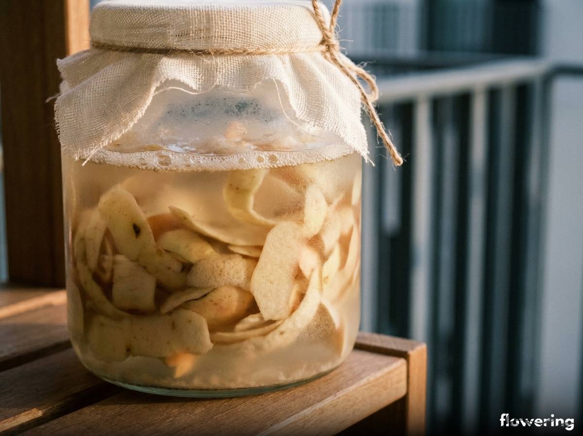 Fermentujące obierki z jabłek w słoiku jako domowy nawóz do azalii
