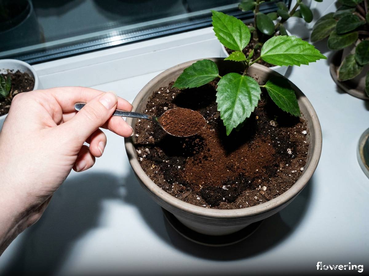 Sypanie suchych fusów kawy do doniczki z hibiskusem jako dodatek do podłoża