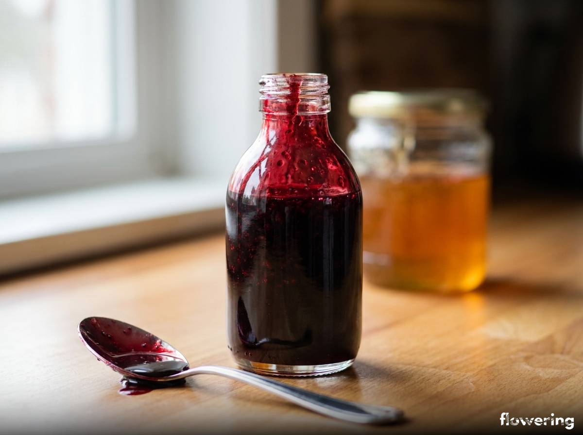 Gęsty syrop z kaliny koralowej w szklanej buteleczce z łyżką