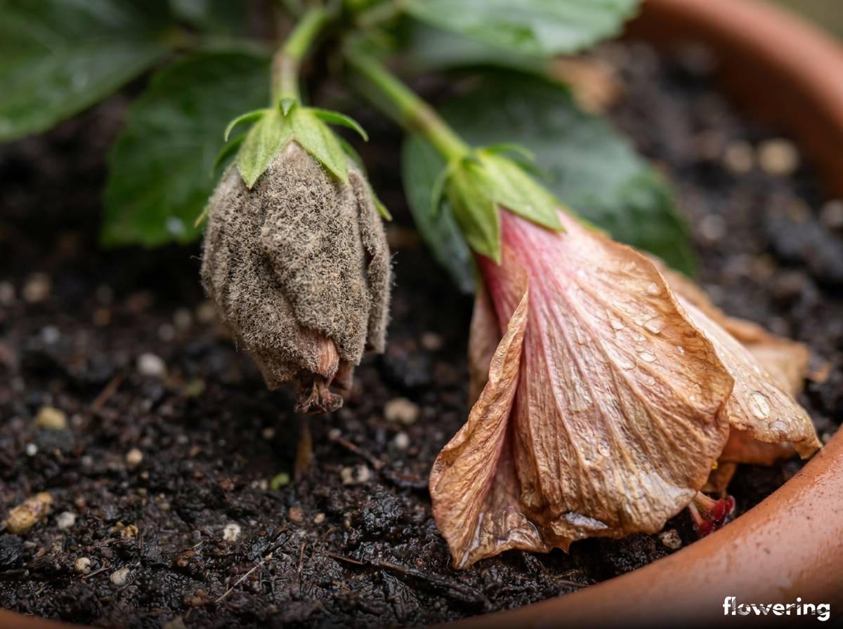 Szara pleśń na pąku hibiskusa uprawianego w donicy na balkonie