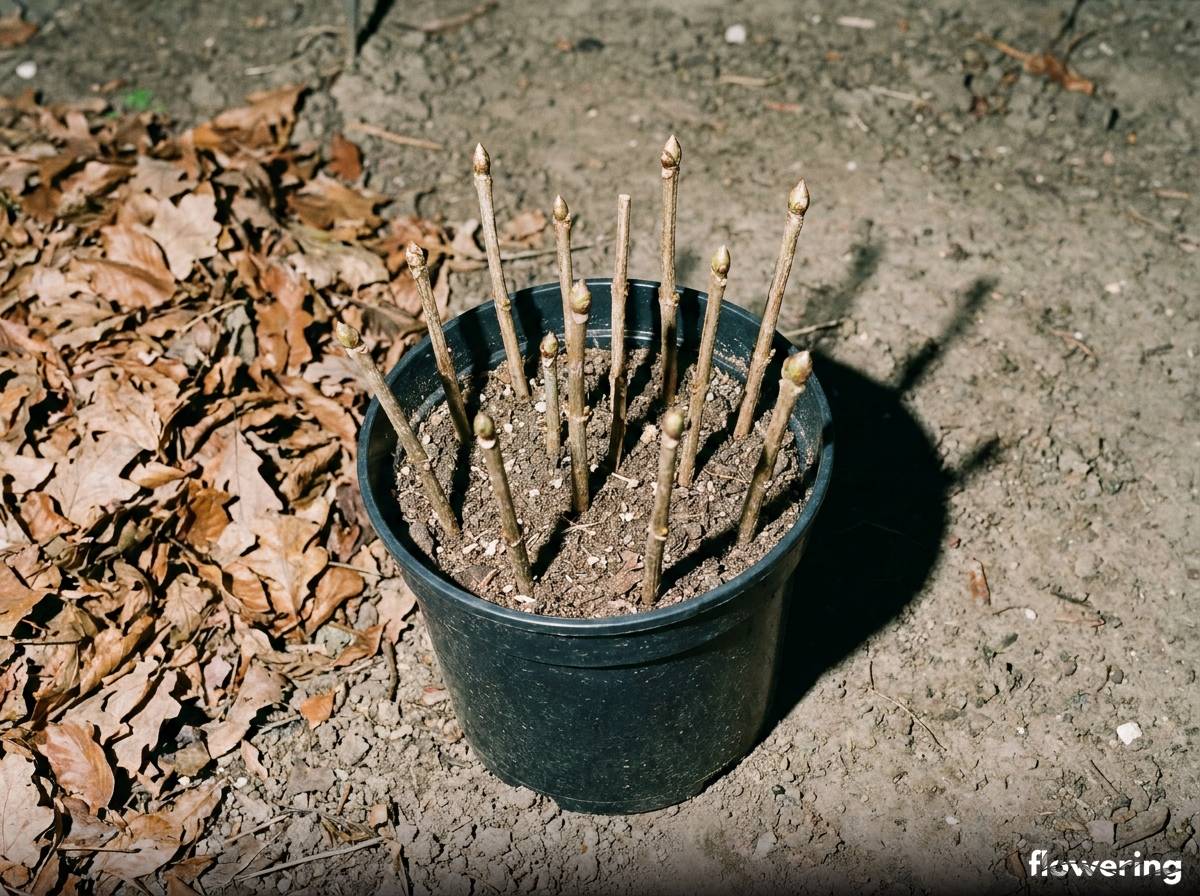 Sztobry hortensji bukietowej wetknięte w doniczkę z ziemią przed dołowaniem