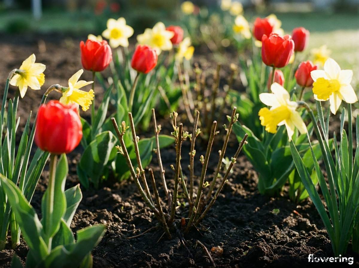 Tulipany i narcyzy kwitnące wokół przyciętej wiosną tawuły japońskiej