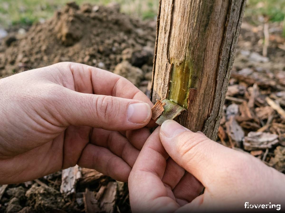 Sprawdzanie żywotności pędu hibiskusa bagiennego przez zdrapanie kory wiosną