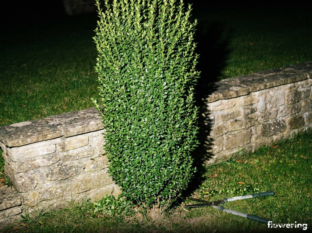 Wąska kolumnowa odmiana ostrokrzewu karbowanolistnego Fastigiata przy murku