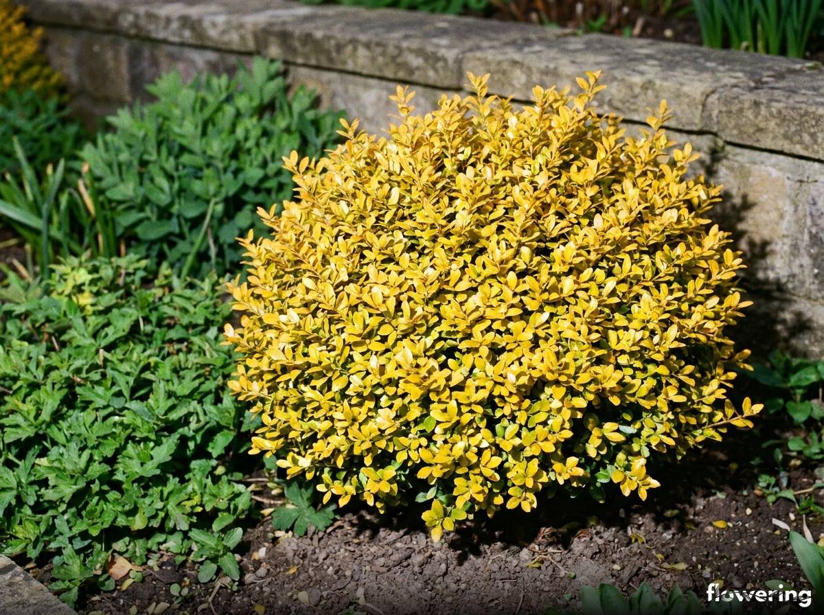 Złocistożółte liście odmiany Golden Gem ostrokrzewu karbowanolistnego