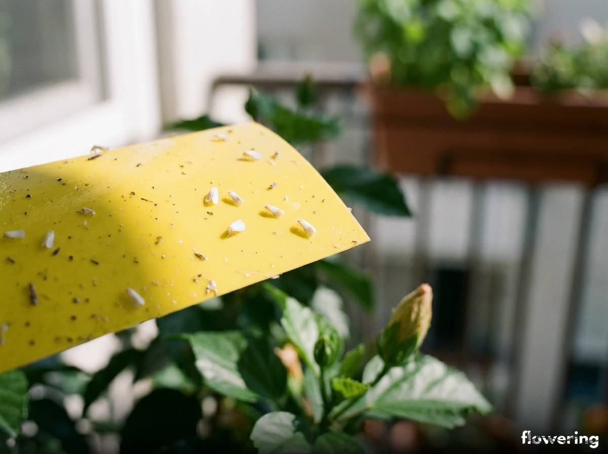 Żółta tablica lepowa do zwalczania mączlików na hibiskusie balkonowym