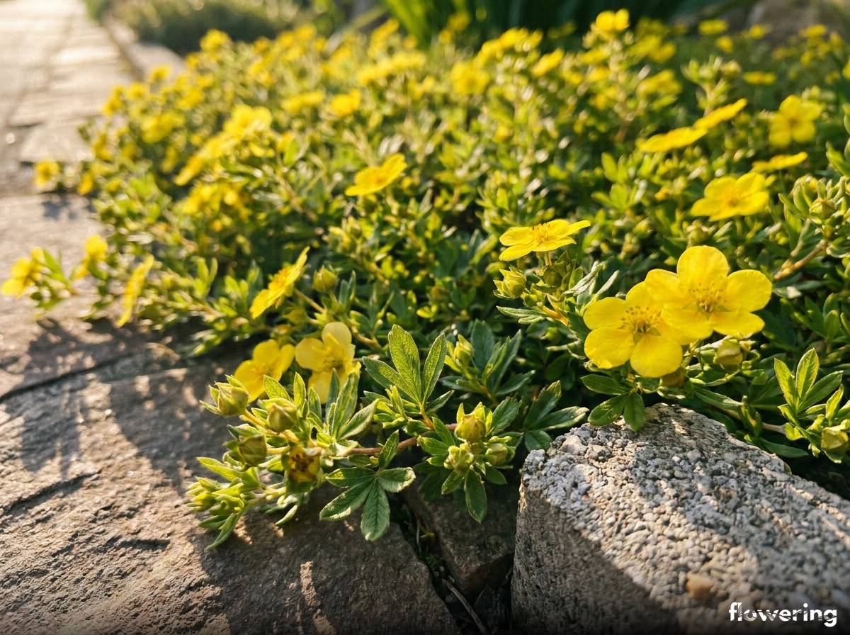 Niski, ścielący się żółty pięciornik krzewiasty odmiany Goldteppich