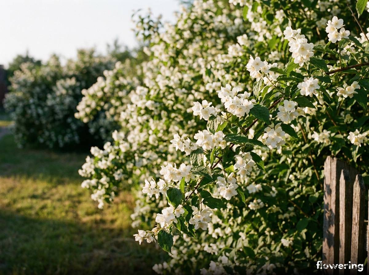 Naturalny, szeroki żywopłot z jaśminowca wonnego w pełnym kwitnieniu
